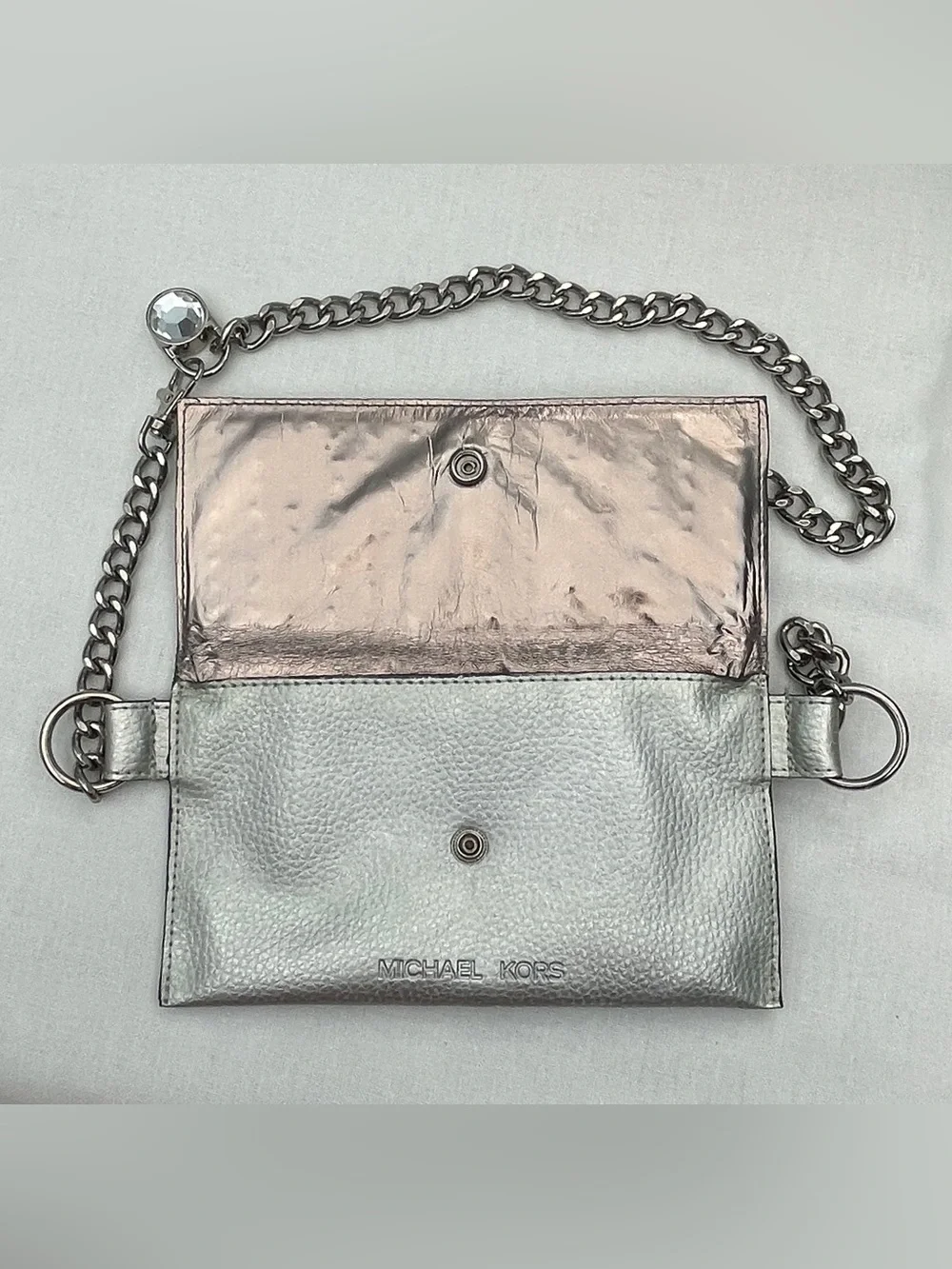 NWO. Michael Kors Silver Crystal-Embellished Chain Crossbody or Belt Wallet.